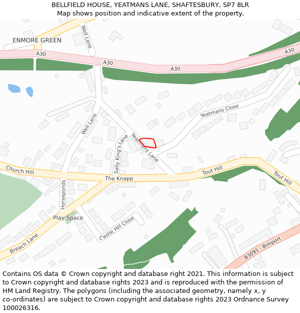 BELLFIELD HOUSE, YEATMANS LANE, SHAFTESBURY, SP7 8LR: Location map and indicative extent of plot