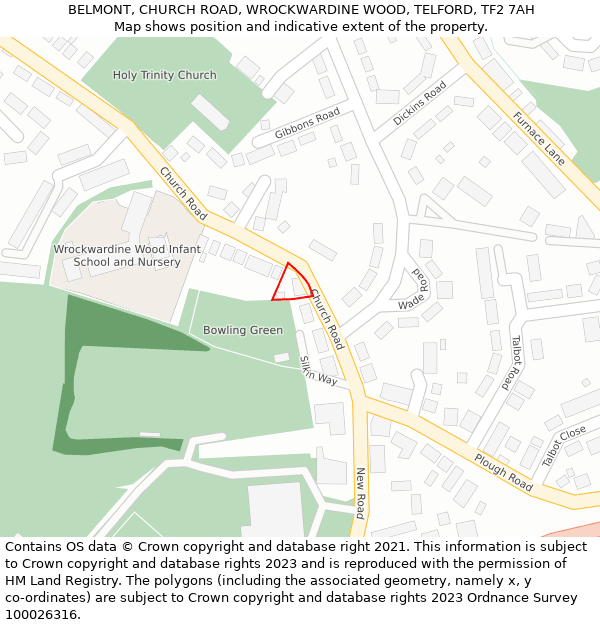 BELMONT, CHURCH ROAD, WROCKWARDINE WOOD, TELFORD, TF2 7AH: Location map and indicative extent of plot