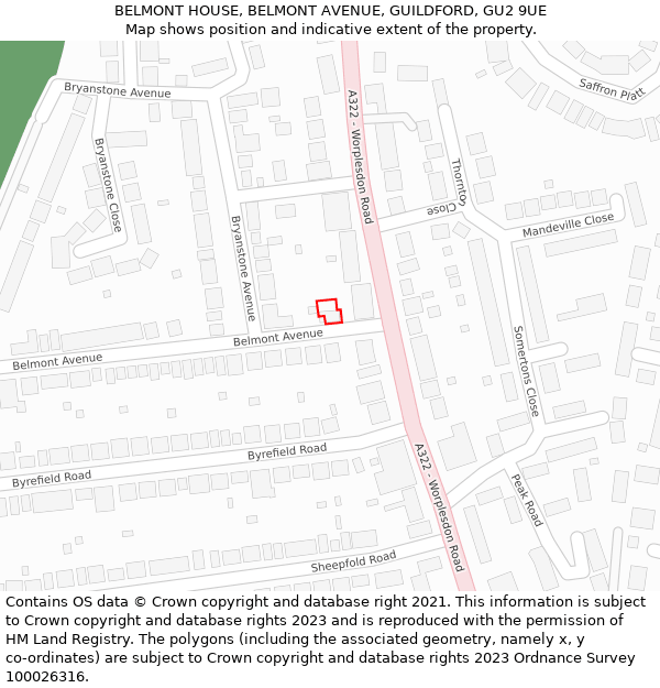 BELMONT HOUSE, BELMONT AVENUE, GUILDFORD, GU2 9UE: Location map and indicative extent of plot