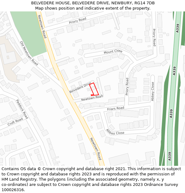 BELVEDERE HOUSE, BELVEDERE DRIVE, NEWBURY, RG14 7DB: Location map and indicative extent of plot