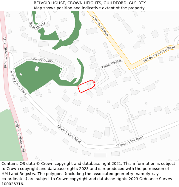 BELVOIR HOUSE, CROWN HEIGHTS, GUILDFORD, GU1 3TX: Location map and indicative extent of plot