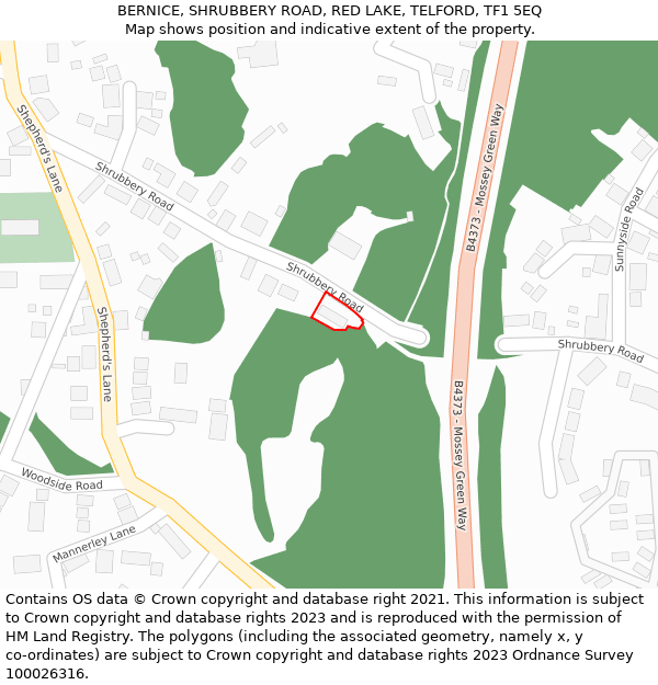 BERNICE, SHRUBBERY ROAD, RED LAKE, TELFORD, TF1 5EQ: Location map and indicative extent of plot