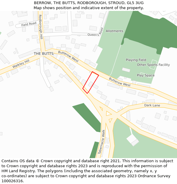 BERROW, THE BUTTS, RODBOROUGH, STROUD, GL5 3UG: Location map and indicative extent of plot