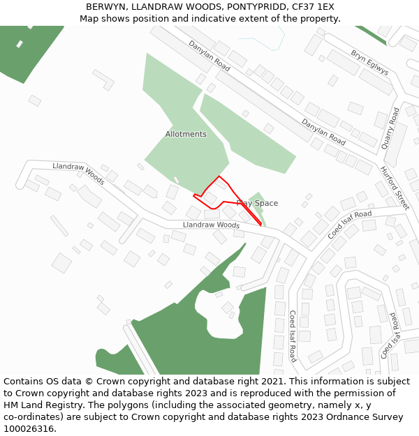 BERWYN, LLANDRAW WOODS, PONTYPRIDD, CF37 1EX: Location map and indicative extent of plot