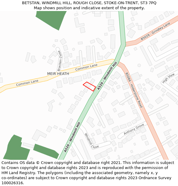 BETSTAN, WINDMILL HILL, ROUGH CLOSE, STOKE-ON-TRENT, ST3 7PQ: Location map and indicative extent of plot