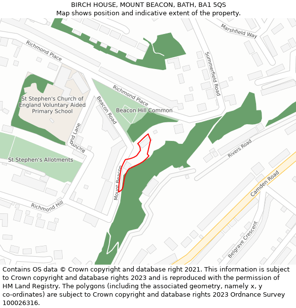 BIRCH HOUSE, MOUNT BEACON, BATH, BA1 5QS: Location map and indicative extent of plot