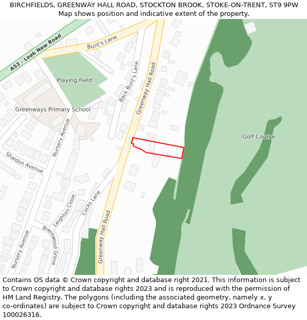 BIRCHFIELDS, GREENWAY HALL ROAD, STOCKTON BROOK, STOKE-ON-TRENT, ST9 9PW: Location map and indicative extent of plot