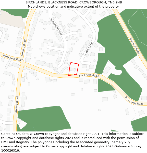 BIRCHLANDS, BLACKNESS ROAD, CROWBOROUGH, TN6 2NB: Location map and indicative extent of plot