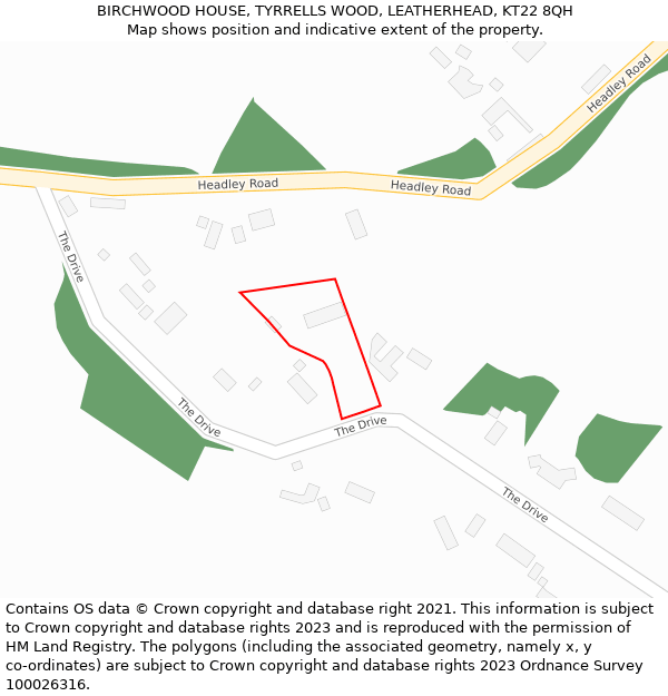 BIRCHWOOD HOUSE, TYRRELLS WOOD, LEATHERHEAD, KT22 8QH: Location map and indicative extent of plot