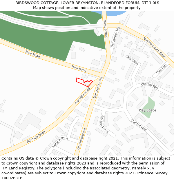 BIRDSWOOD COTTAGE, LOWER BRYANSTON, BLANDFORD FORUM, DT11 0LS: Location map and indicative extent of plot