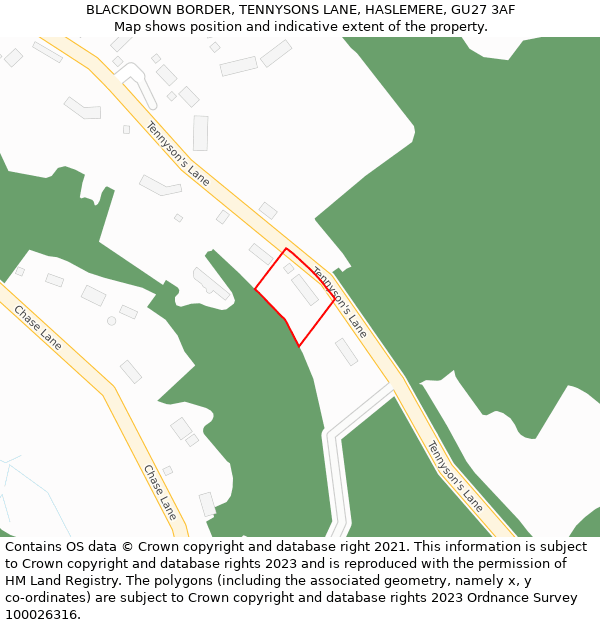 BLACKDOWN BORDER, TENNYSONS LANE, HASLEMERE, GU27 3AF: Location map and indicative extent of plot