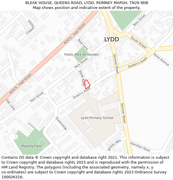 BLEAK HOUSE, QUEENS ROAD, LYDD, ROMNEY MARSH, TN29 9DB: Location map and indicative extent of plot