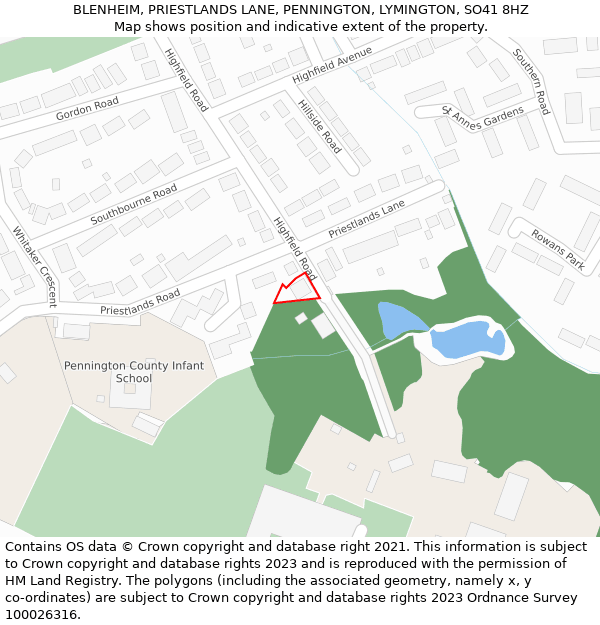 BLENHEIM, PRIESTLANDS LANE, PENNINGTON, LYMINGTON, SO41 8HZ: Location map and indicative extent of plot