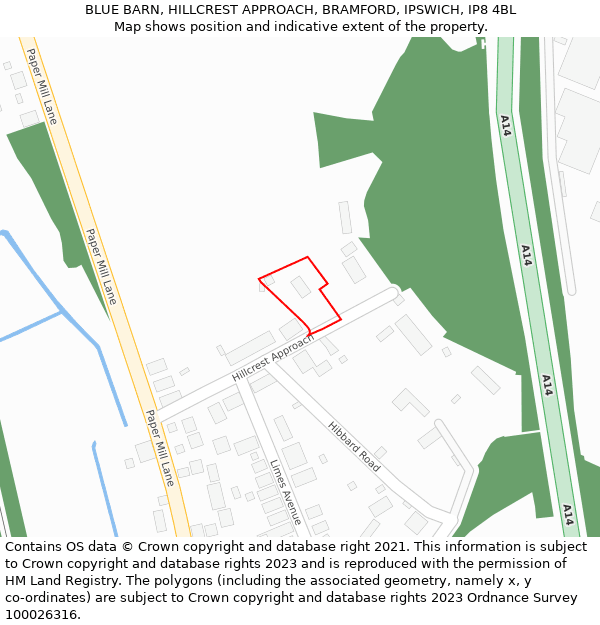 BLUE BARN, HILLCREST APPROACH, BRAMFORD, IPSWICH, IP8 4BL: Location map and indicative extent of plot