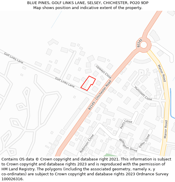 BLUE PINES, GOLF LINKS LANE, SELSEY, CHICHESTER, PO20 9DP: Location map and indicative extent of plot