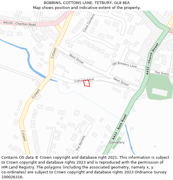 BOBBINS, COTTONS LANE, TETBURY, GL8 8EA: Location map and indicative extent of plot