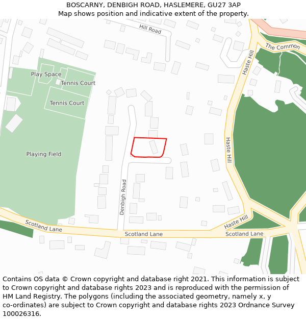 BOSCARNY, DENBIGH ROAD, HASLEMERE, GU27 3AP: Location map and indicative extent of plot