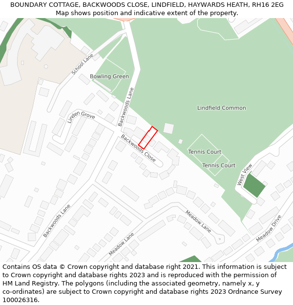 BOUNDARY COTTAGE, BACKWOODS CLOSE, LINDFIELD, HAYWARDS HEATH, RH16 2EG: Location map and indicative extent of plot