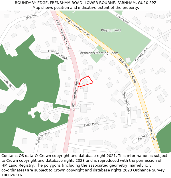 BOUNDARY EDGE, FRENSHAM ROAD, LOWER BOURNE, FARNHAM, GU10 3PZ: Location map and indicative extent of plot