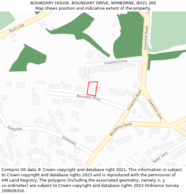 BOUNDARY HOUSE, BOUNDARY DRIVE, WIMBORNE, BH21 2RE: Location map and indicative extent of plot