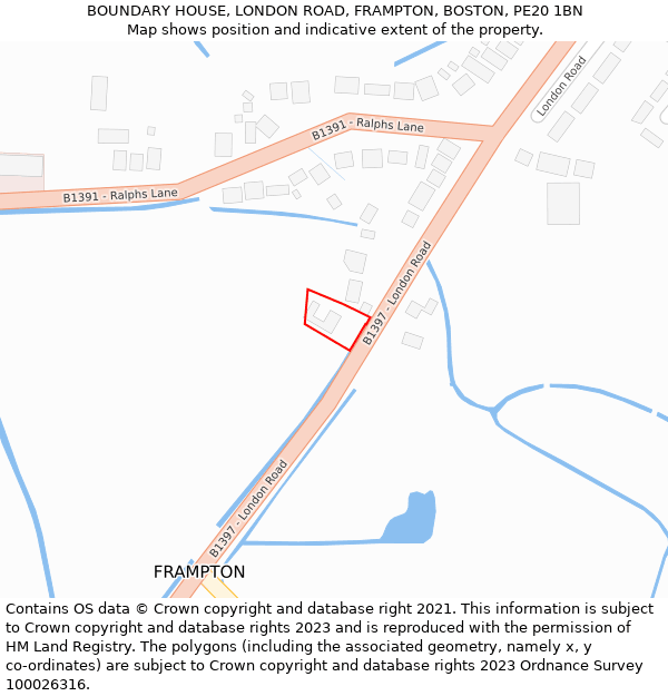 BOUNDARY HOUSE, LONDON ROAD, FRAMPTON, BOSTON, PE20 1BN: Location map and indicative extent of plot