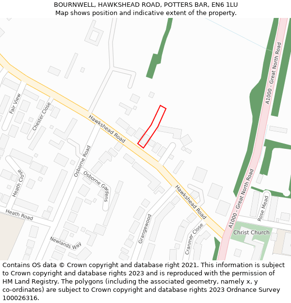 BOURNWELL, HAWKSHEAD ROAD, POTTERS BAR, EN6 1LU: Location map and indicative extent of plot