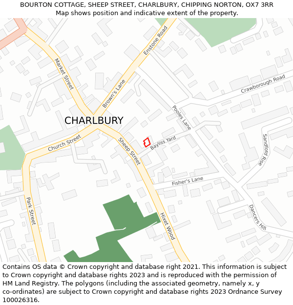 BOURTON COTTAGE, SHEEP STREET, CHARLBURY, CHIPPING NORTON, OX7 3RR: Location map and indicative extent of plot