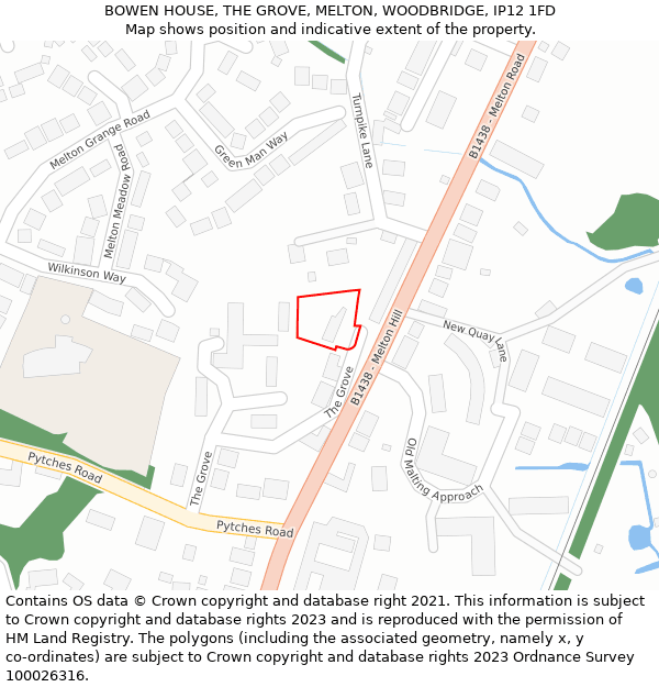 BOWEN HOUSE, THE GROVE, MELTON, WOODBRIDGE, IP12 1FD: Location map and indicative extent of plot