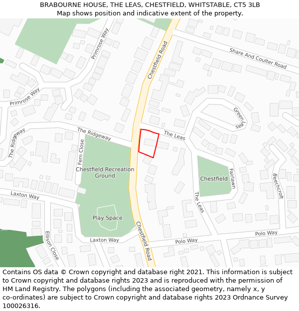 BRABOURNE HOUSE, THE LEAS, CHESTFIELD, WHITSTABLE, CT5 3LB: Location map and indicative extent of plot