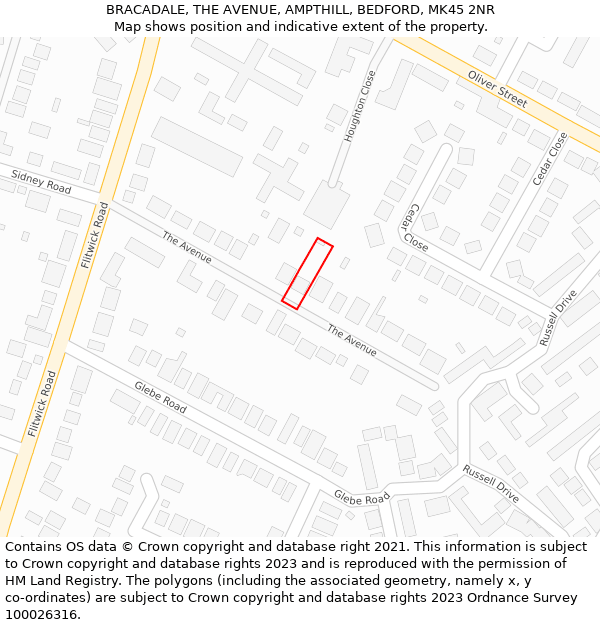 BRACADALE, THE AVENUE, AMPTHILL, BEDFORD, MK45 2NR: Location map and indicative extent of plot