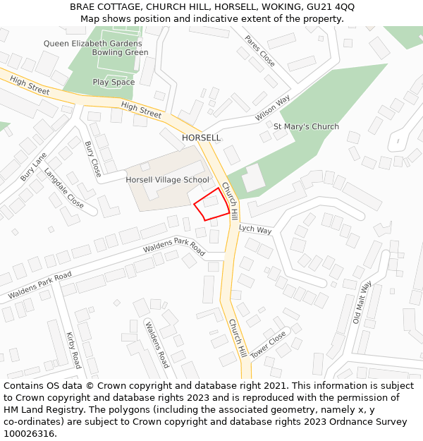 BRAE COTTAGE, CHURCH HILL, HORSELL, WOKING, GU21 4QQ: Location map and indicative extent of plot