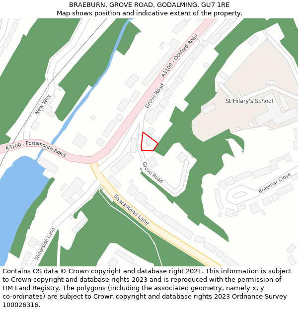 BRAEBURN, GROVE ROAD, GODALMING, GU7 1RE: Location map and indicative extent of plot