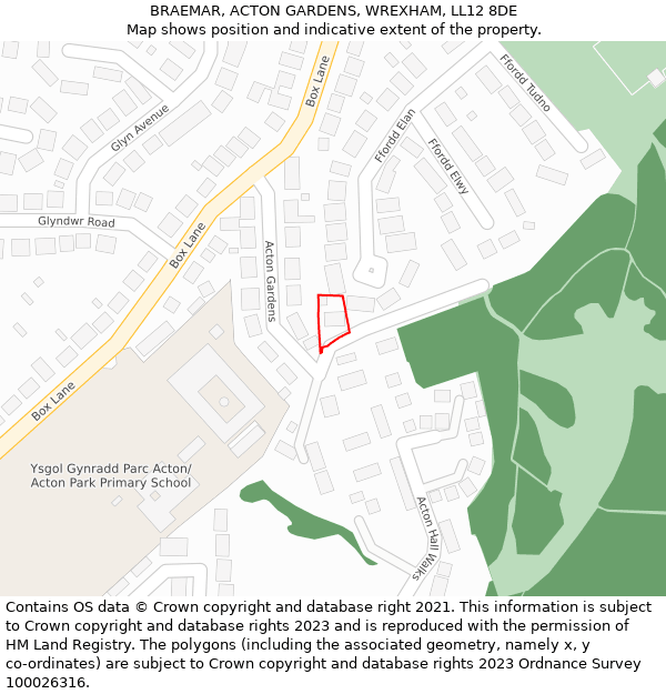 BRAEMAR, ACTON GARDENS, WREXHAM, LL12 8DE: Location map and indicative extent of plot