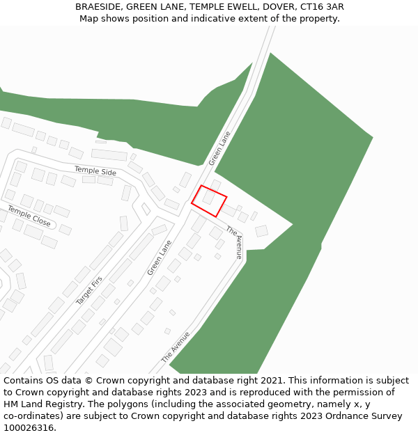 BRAESIDE, GREEN LANE, TEMPLE EWELL, DOVER, CT16 3AR: Location map and indicative extent of plot