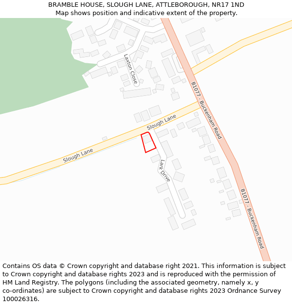 BRAMBLE HOUSE, SLOUGH LANE, ATTLEBOROUGH, NR17 1ND: Location map and indicative extent of plot