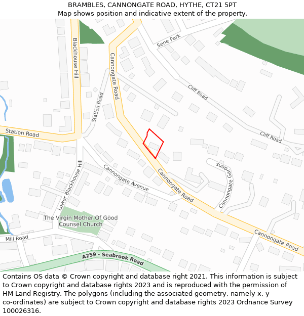 BRAMBLES, CANNONGATE ROAD, HYTHE, CT21 5PT: Location map and indicative extent of plot
