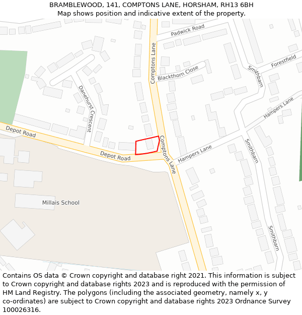 BRAMBLEWOOD, 141, COMPTONS LANE, HORSHAM, RH13 6BH: Location map and indicative extent of plot