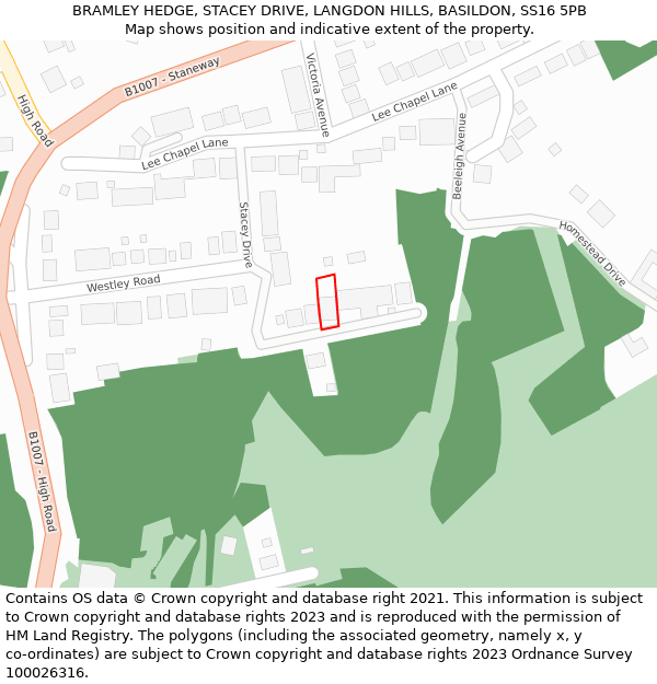 BRAMLEY HEDGE, STACEY DRIVE, LANGDON HILLS, BASILDON, SS16 5PB: Location map and indicative extent of plot