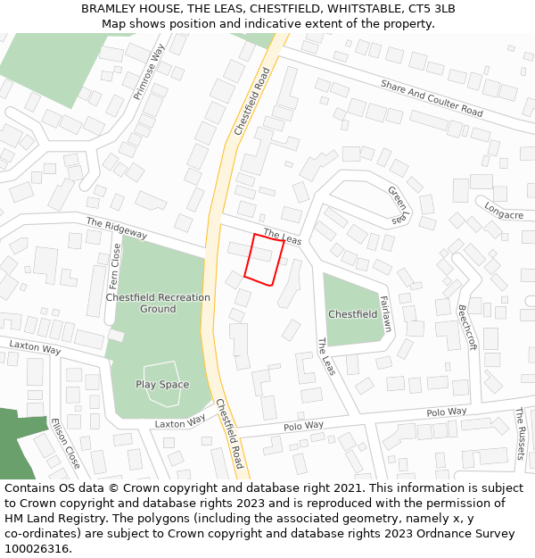 BRAMLEY HOUSE, THE LEAS, CHESTFIELD, WHITSTABLE, CT5 3LB: Location map and indicative extent of plot