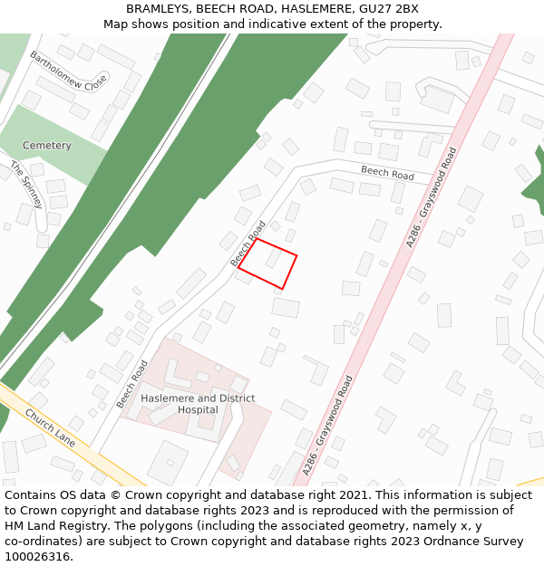 BRAMLEYS, BEECH ROAD, HASLEMERE, GU27 2BX: Location map and indicative extent of plot