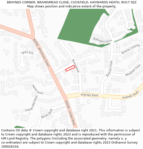 BRAYNES CORNER, BRAINSMEAD CLOSE, CUCKFIELD, HAYWARDS HEATH, RH17 5EZ: Location map and indicative extent of plot