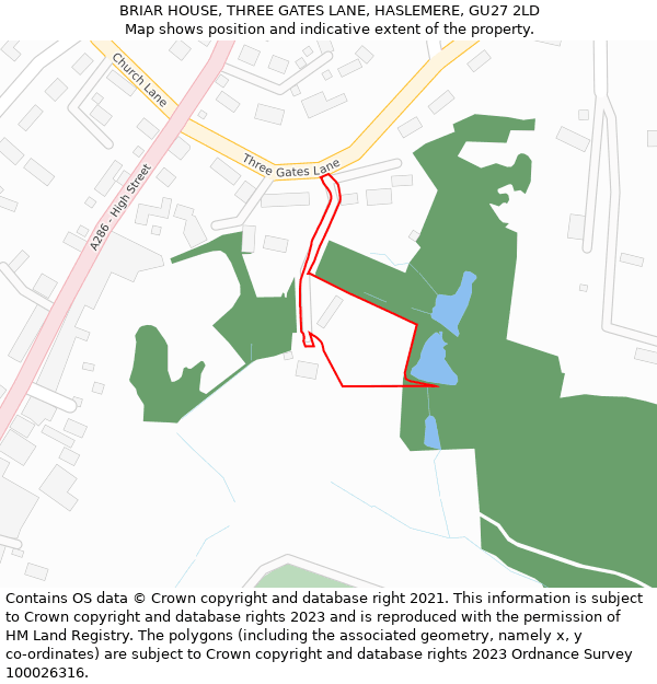 BRIAR HOUSE, THREE GATES LANE, HASLEMERE, GU27 2LD: Location map and indicative extent of plot