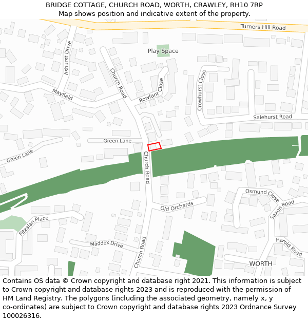 BRIDGE COTTAGE, CHURCH ROAD, WORTH, CRAWLEY, RH10 7RP: Location map and indicative extent of plot