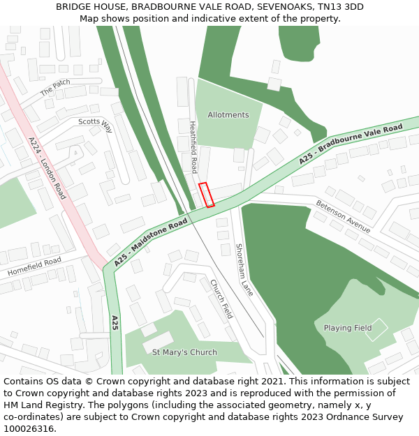 BRIDGE HOUSE, BRADBOURNE VALE ROAD, SEVENOAKS, TN13 3DD: Location map and indicative extent of plot