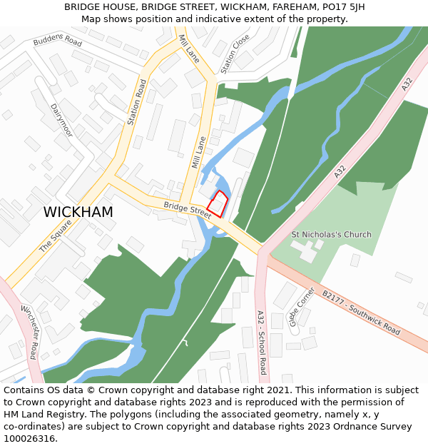 BRIDGE HOUSE, BRIDGE STREET, WICKHAM, FAREHAM, PO17 5JH: Location map and indicative extent of plot