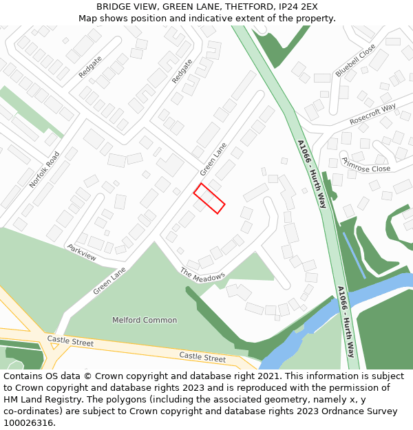 BRIDGE VIEW, GREEN LANE, THETFORD, IP24 2EX: Location map and indicative extent of plot