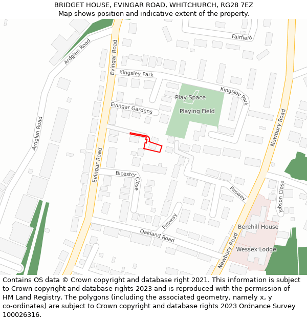 BRIDGET HOUSE, EVINGAR ROAD, WHITCHURCH, RG28 7EZ: Location map and indicative extent of plot