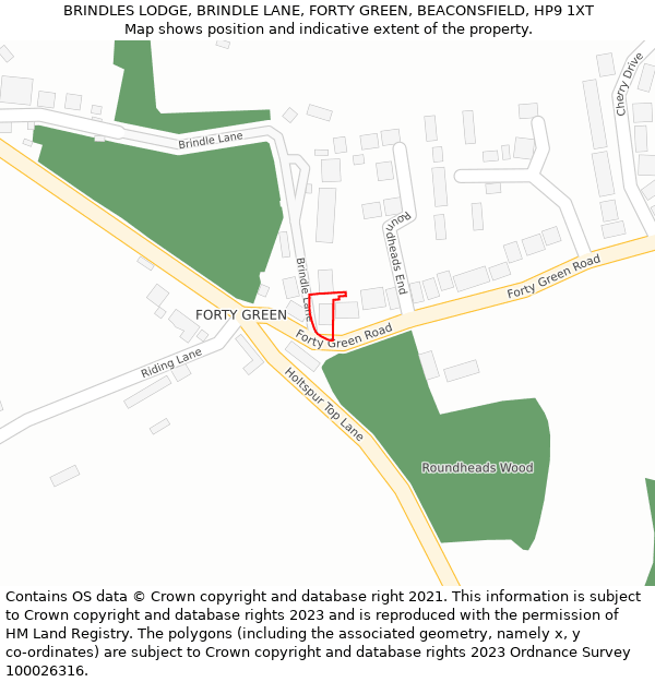 BRINDLES LODGE, BRINDLE LANE, FORTY GREEN, BEACONSFIELD, HP9 1XT: Location map and indicative extent of plot