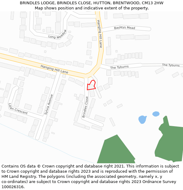 BRINDLES LODGE, BRINDLES CLOSE, HUTTON, BRENTWOOD, CM13 2HW: Location map and indicative extent of plot