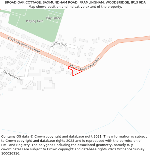 BROAD OAK COTTAGE, SAXMUNDHAM ROAD, FRAMLINGHAM, WOODBRIDGE, IP13 9DA: Location map and indicative extent of plot
